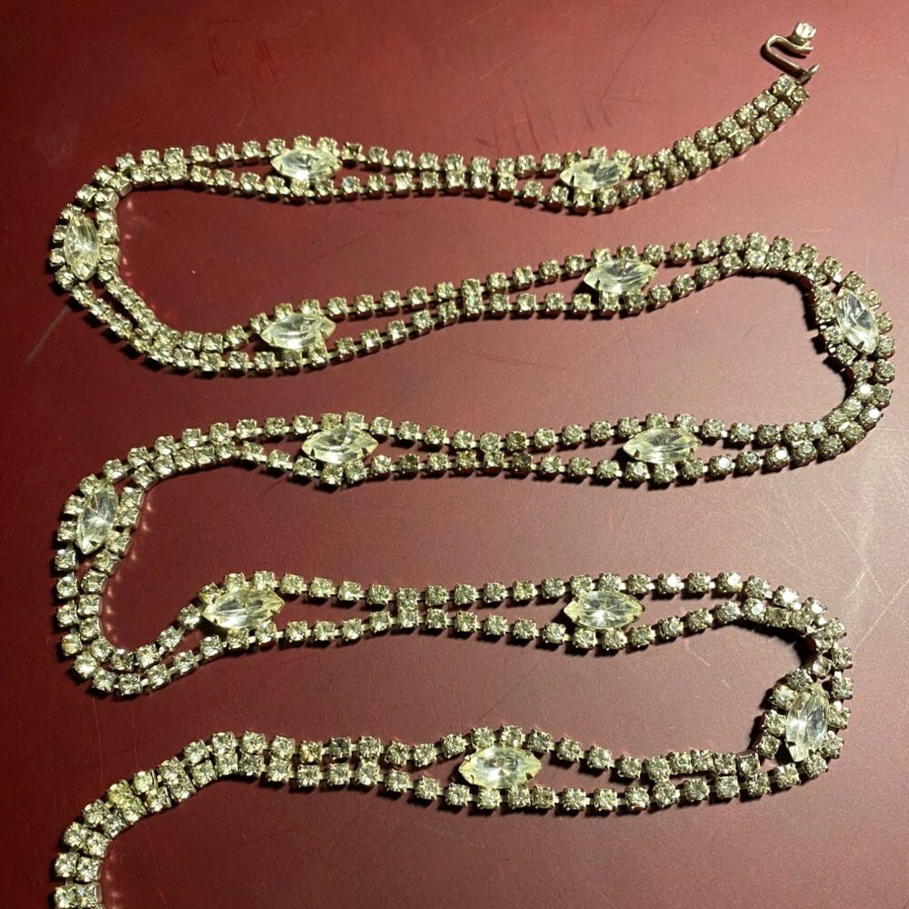 Belt White Rhinestones Double Strand Necklace 1950s Vintage Art Deco Rhinestone
